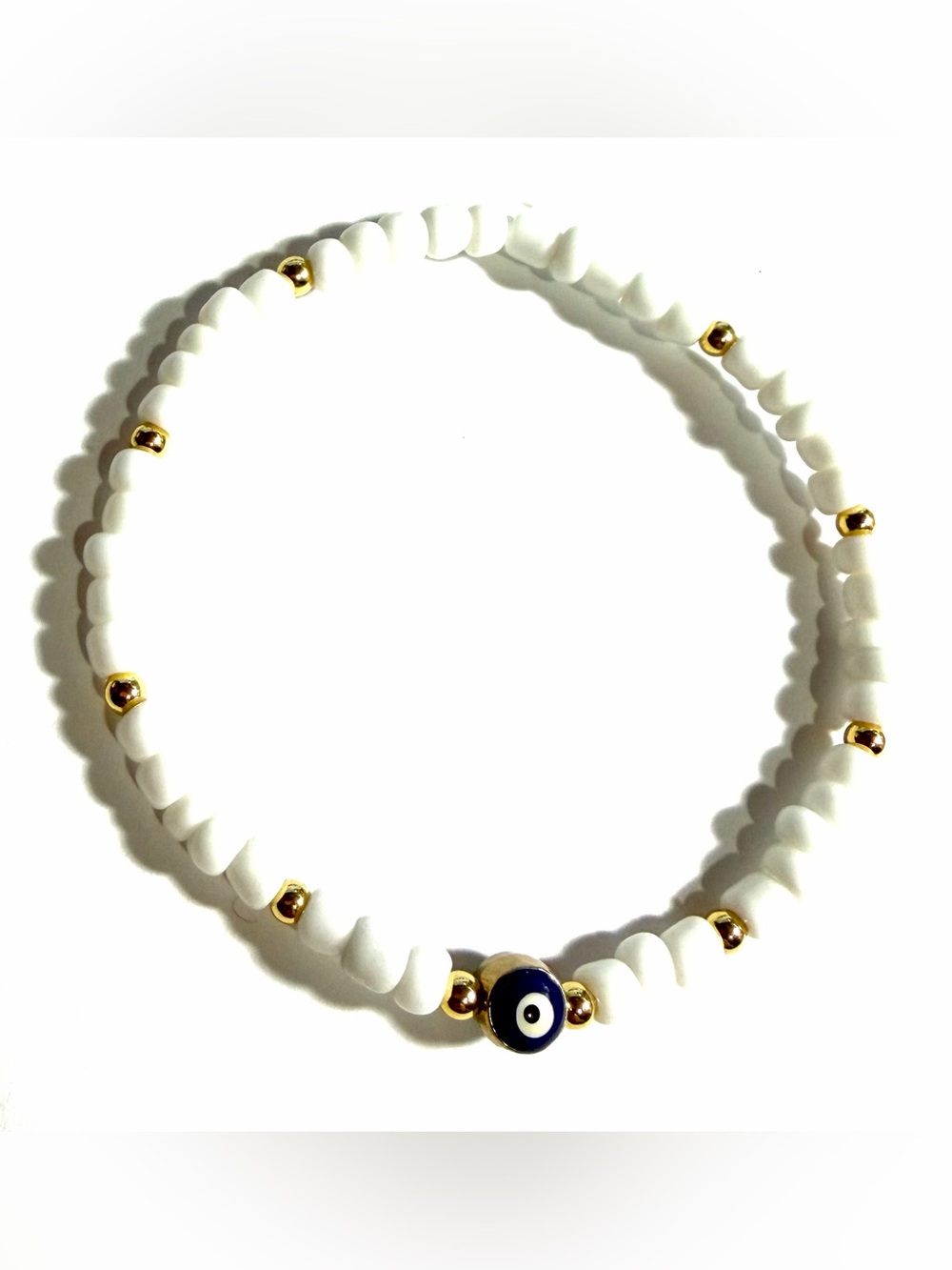 5 of Evil Eye Good Luck Charm White Seed Beaded Bracelets w Gold Blue Eye